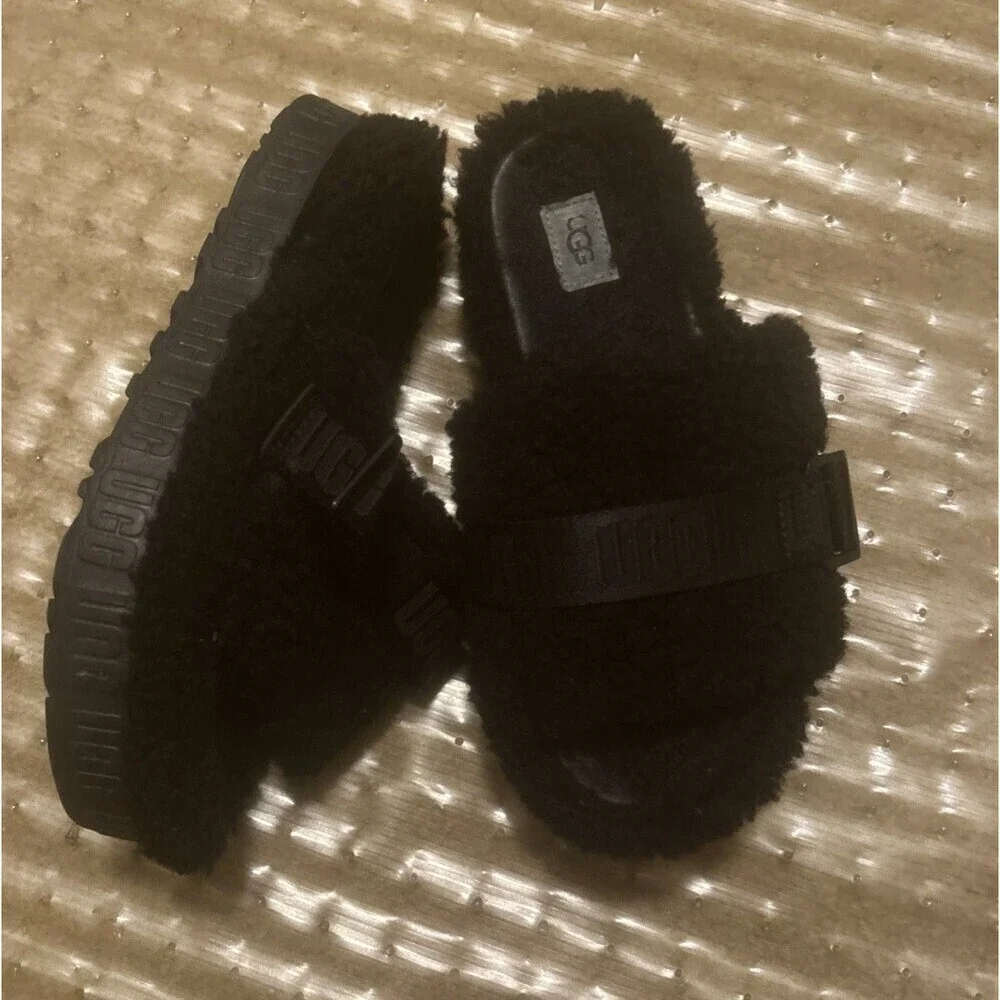 Ugg Fluffita Slide Slippers Womens 8 Black Sherpa Platform Slippers Shearling